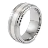 Ridged Edge Brushed & Polished Tungsten Carbide Ring with Sterling Silver Inlay (9.0 mm) - Sizes 8-13