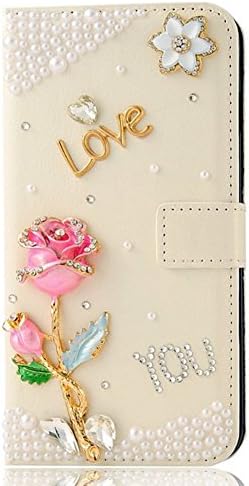 Plus Case,Iphone 6(5.5 inch) Case,TAIYANYU(TM) Handmade Bling Crystal 3D LOVE Hot Pink Rose Diamond Rhinestone Flower Premium Leather Wallet Case with Credit Card Holder /Accessory Slots Design Folia Case Cover for Iphone 6 Plus (5.5'') with Soft Clean Cloth (White)