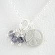 Small Peace Symbol Charm or Pendant in Sterling Silver with Iolite Gemstone Beads on a 16" Bead Chain, #8443