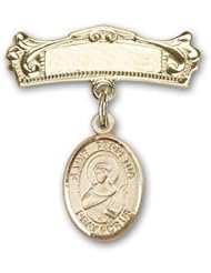 14K Gold Baby Badge with St. Perpetua Charm and Arched Polished Badge Pin