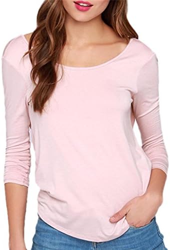 Women's Loose Long Sleeve Backless Top Blouse Large Pink