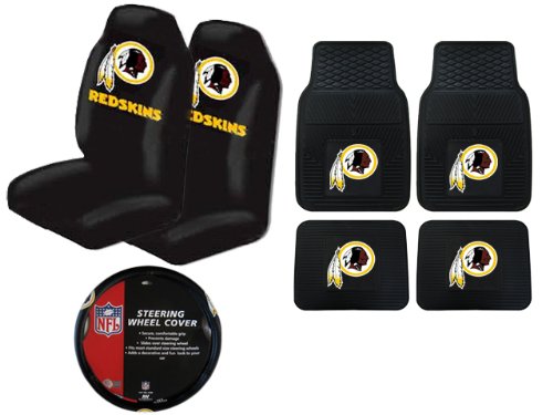 A Set of 4 NFL Universal Fit Front All-Weather Floor Mats and A Set of 2 Universal Fit Seat Covers and 1 Steering Wheel Cover - Washington Redskins