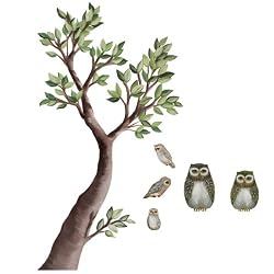 Large Left Facing Tree Branch & Owl Family Wall Sticker Mural