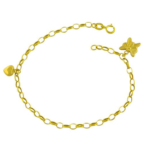 10kt Yellow Gold Butterfly & Puffed Heart Charm Oval Link Bracelet
