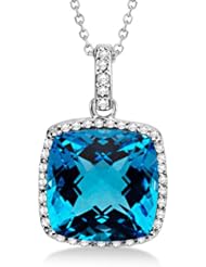 Ladies Cushion Cut Square Swiss Blue Topaz and Diamond Halo Pendant Necklace in 14K White Gold 8.75