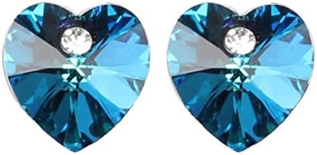 Crystal Heart Stud Earrings Swarovski Element Silver Tone Bermuda Blue