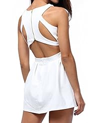 Princess Seams   Waistline Full-Skirt Sleeveless Pleated Backless Cutout Stretchy Shift Round Neck Cotton/Polyester  Dress