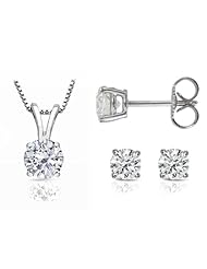 Round Cut Diamond Solitaire Pendant & Diamond Stud Set in 14K White (1.00ctw J-K Color I2 Clarity)- Free Shipping