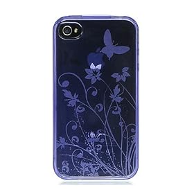 Premium TPU Flexi Soft Gel Skin for Apple iPhone4, 4th Generation, 4th Gen Flexible See Thru Skin, Purple Flower Floral Butterfly Print