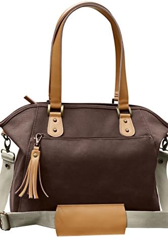 Brown Cotton Canvas Leather Trimmed Tote Diaper Bag, Canvas Lining, Two Interior Foil Insulated Bottle Holders, Padded Changing Pad, Drawstring Sac Included, Metal Feet, Hand Made