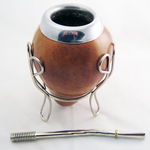 ARGENTINA MATE GOURD GREEN TEA STRAW BOMBILLA INFUSION CUP SILVER NEW SET 6358 !