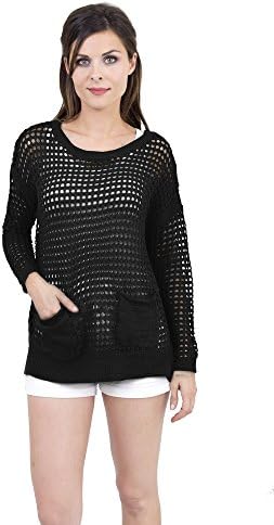 Women Long Sleeve Round Neck Star Nets Knit Pockets Pullover(black)