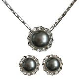 Crystal Circlet Cultured Pearl Platinum Overlay Sterling Silver Pendant Necklace & Earrings Set, Dyed Black