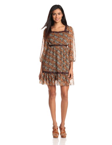 Wrangler Women's Fashion All Over Floral Print Dress, Brown/Orange, Medium