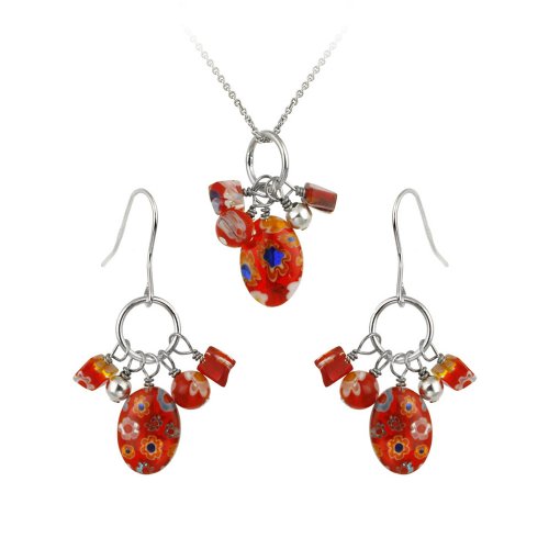 Sterling Silver and Red Hand-Blown Glass Cluster Pendant w/ Rolo Chain, 18