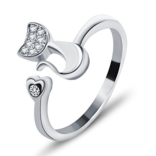 Wristchie Womens Fashion Jewelry 925 Sterling Silver Adjustable Ring Cute Cat Kitty
