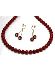 Coral Set Necklace and Earrings 11mm Italian Coral Beads Necklace and Matching Earrings 14k Gold with 0.30k Brilliant Diamonds with Screw Post by the Front of the Earrings