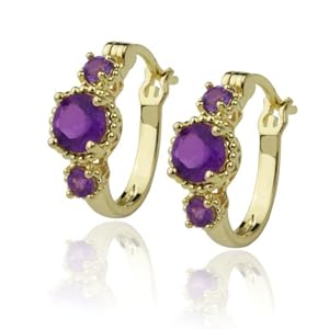 18k Gold Plated Sterling Silver African Amethyst Hoop Earrings (0.7" Diameter)