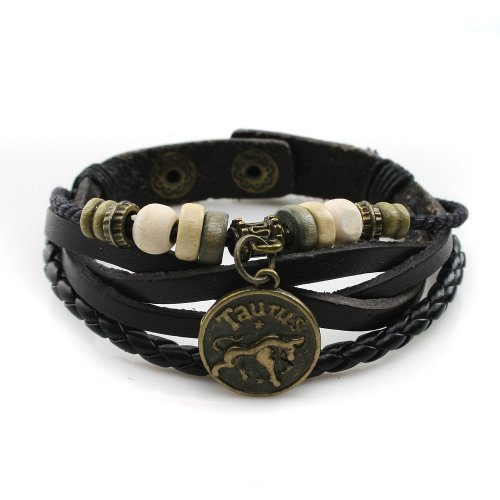 Lucky Handmade Natural Constellation Zodiac Sign Logo Genuine Real Leather Bracelet with Charms, Beads, Button, Adjustable Size, Gift for Him or for Her, Unisex (Taurus - Black Leather)