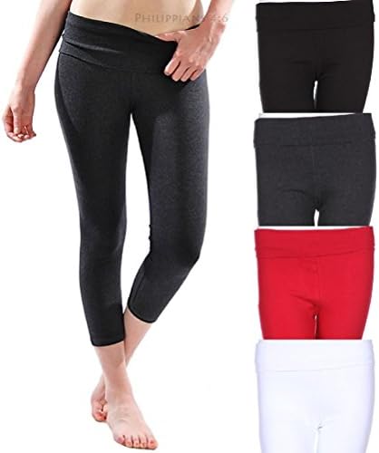 Solid Fold Over Waistband Capri Cotton Leggings Skinny Yoga Pants (High Quality)