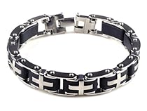 8.5" Mens Stainless Steel Bracelet Cross Black Rubber Chain Link Wrist Band Wristband Fashion Jewellery