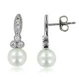 Milgrain Diamond and Pearl Drop Earrings in 10k White Gold Earrings