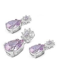 Sterling Silver Tear Drop Lavender CZ Pendant with Earrings Jewelry Set with Clear Cubic Zirconia
