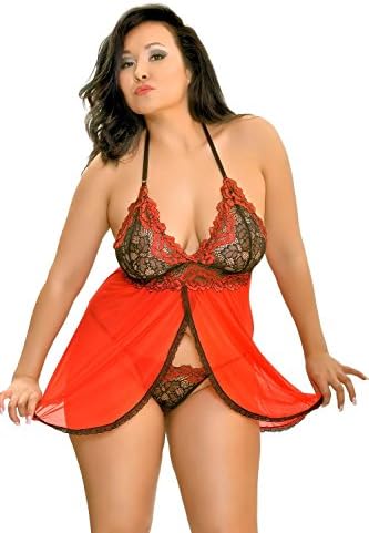 Popsi Lingerie Women's Plus Size Red Open Front Babydoll Set (2X)