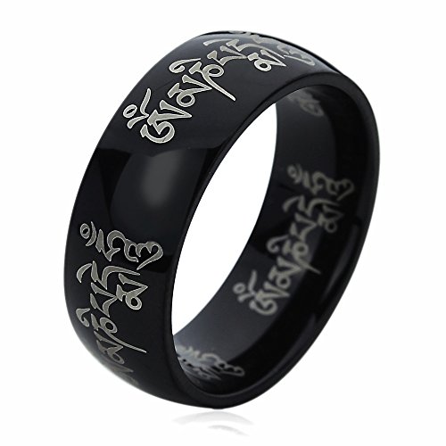 8MM Titanium Comfort Fit Wedding Band Ring Tibetan Mantra Om Mani Padme Hum Black Ring (5 to 13)