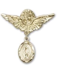 Gold Filled Baby Badge with Miraculous Charm and Angel w/Wings Badge Pin