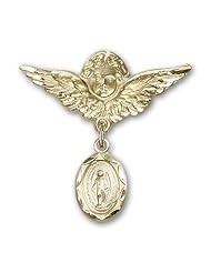 14K Gold Baby Badge with Miraculous Charm and Angel with Wings Badge Pin
