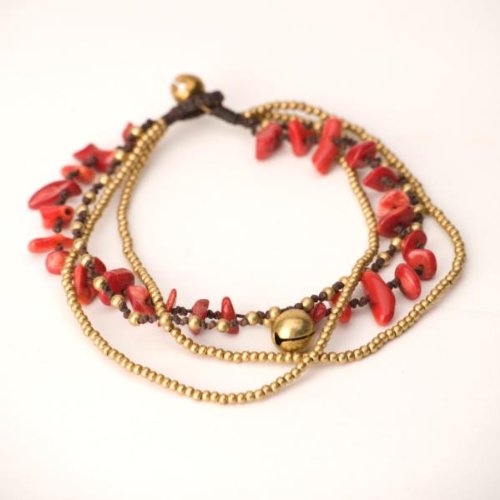 Red coral bead brass gold bell ankle bracelet anklet