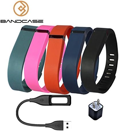 Bandcase Set Size Large Multicolor Combinational Replacement Bands with Clasps a Charge Cable and a Charging Adapter for Fitbit Flex Only /No Tracker/ Wireless Activity Bracelet Sport Wristband Fit Bit Flex Bracelet Sport Arm Band Armband (Navy Blue+Red/Tangerine+Black+Hot Pink/Purple+Slate, Small)