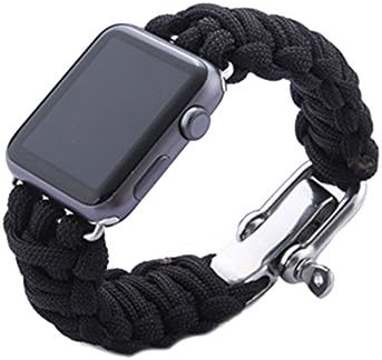 Survival Rescue Bracelet Outdoor Watch Band, Seven-core Umbrella Rope With Big Stainless Steel Buckle For Apple Iwatch (Black 42mm)