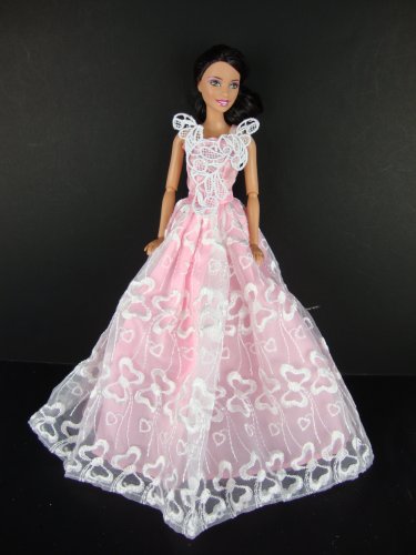 Pink Ball Gown with White Lace Treatment on the Botice Made to Fit the Barbie Doll