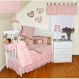 Pink French Toile Ruffled Brown Silky Satin 11 PC Baby Bedding Set