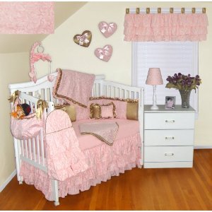 Pink French Toile Ruffled Brown Silky Satin 11 PC Baby Bedding Set