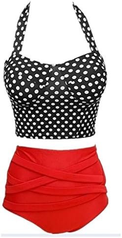 Women's Fashion Retro Stripes Red Bottom High Waisted 2 Pieces Bikini Swimsuits