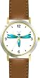 Teal or Indigo Dragonfly or Dragon Fly - JP - WATCHBUDDY&reg; DELUXE TWO-TONE THEME WATCH - Arabic Numbers - Brown Leather Strap-Size-Women's Size-Small