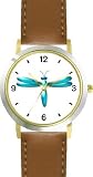 Teal or Indigo Dragonfly or Dragon Fly - JP - WATCHBUDDY&reg; DELUXE TWO-TONE THEME WATCH - Arabic Numbers - Brown Leather Strap-Size-Women's Size-Small