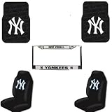 MLB New York Yankees 5 PC Auto Accessories Combo Kit - Rubber Floor Mats, Seat Covers and Chrome License Plate Frame