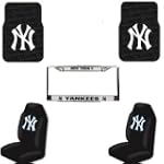 MLB New York Yankees 5 PC Auto Accessories Combo Kit - Rubber Floor Mats, Seat Covers and Chrome License Plate Frame