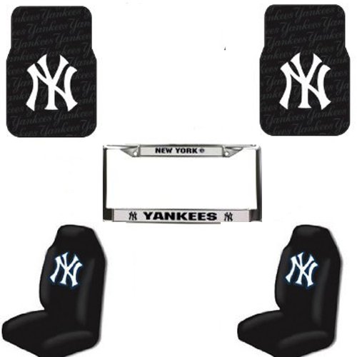 MLB New York Yankees 5 PC Auto Accessories Combo Kit - Rubber Floor Mats, Seat Covers and Chrome License Plate Frame