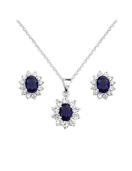 .925 Sterling Silver Rhodium Plated CZ Oval Cut Earring and Pendant Set with 1.4mm Side Dia-cut Rolo Chain - 16"+1" Inches Extension