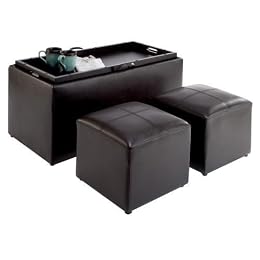 Sheridan Espresso Leather 3PC Double Storage Ottoman with Tray Plus 2 Side Ottomans