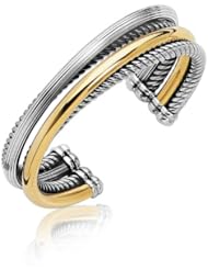 18K Yellow Gold and Sterling Silver Interlaced Design Polished and Cable Motif Open Bangle