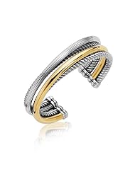 18K Yellow Gold and Sterling Silver Stack Style and Multi Textured Cuff Bangle