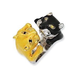 Cheryl M Gold Plated Sterling Silver and Black-plated CZ Twin Cats Ring Size 8