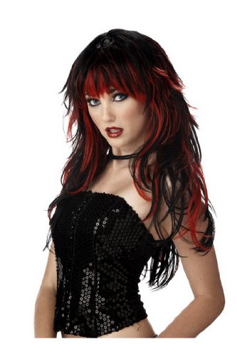 Womens Tempting Tresses Punk Pop Rock Star Goth Emo 80s Rock and Roll Long Black & Red Costume Wig