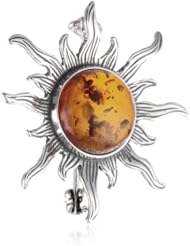 Sterling Silve and Honey Amber Flaming Sun Pin